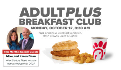 AdultPlus Breakfast Club, Monday, October 12 at 8:30 AM, with special guests Mike and Karen Dean
